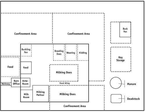 Figure 8 - A conceptual diagram of the main production areas on a dairy goat operation. Description follows.