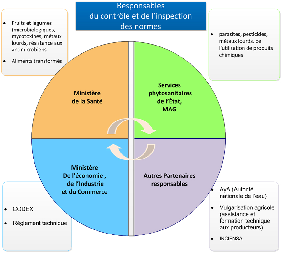Image - Figure 1 : Rôle et responsabilités des principaux ministères et organismes participant à l'assurance de la salubrité des aliments au Costa Rica. Description ci-dessous.