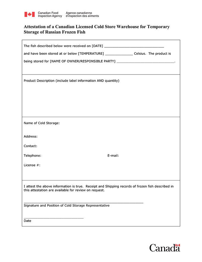 Attestation of a Canadian Licensed Cold Store Warehouse for Temporary Storage of Russian Frozen Fish. Description follows.