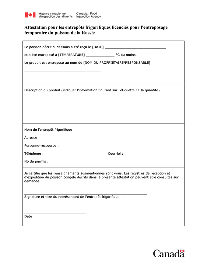 Attestation pour les entrepôts frigorifiques licenciés pour l'entreposage temporaire du poisson de la Russie. Description ci-dessous.
