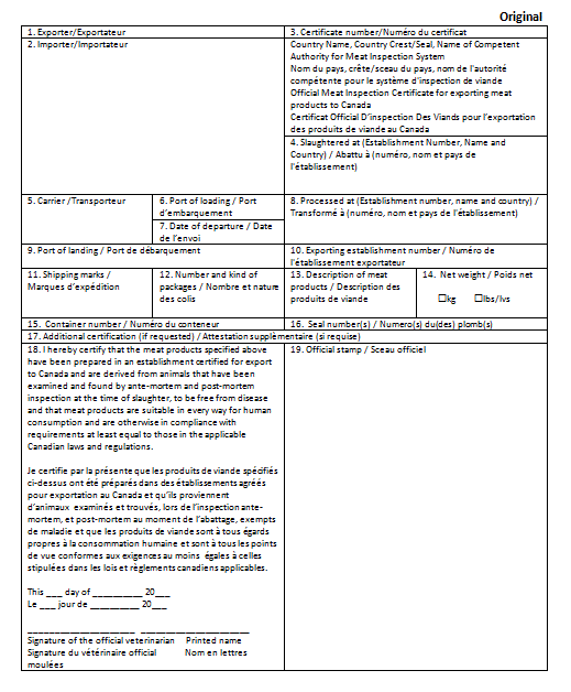 Official Meat Inspection Certificate Form (for all countries other than United States of America. Description follows.