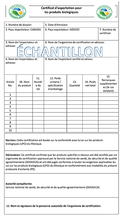 Modèle de certificat d'exportation - Description ci-dessous