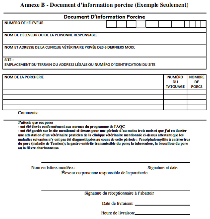 Annexe B - Document d'information porcine (Exemple seulement)