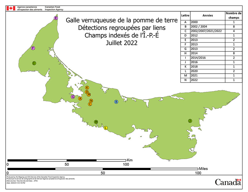 Photo - Figure 1 : Carte des champs indexés, fournie par l'ACIA au Comité consultatif international. Description ci-dessous.