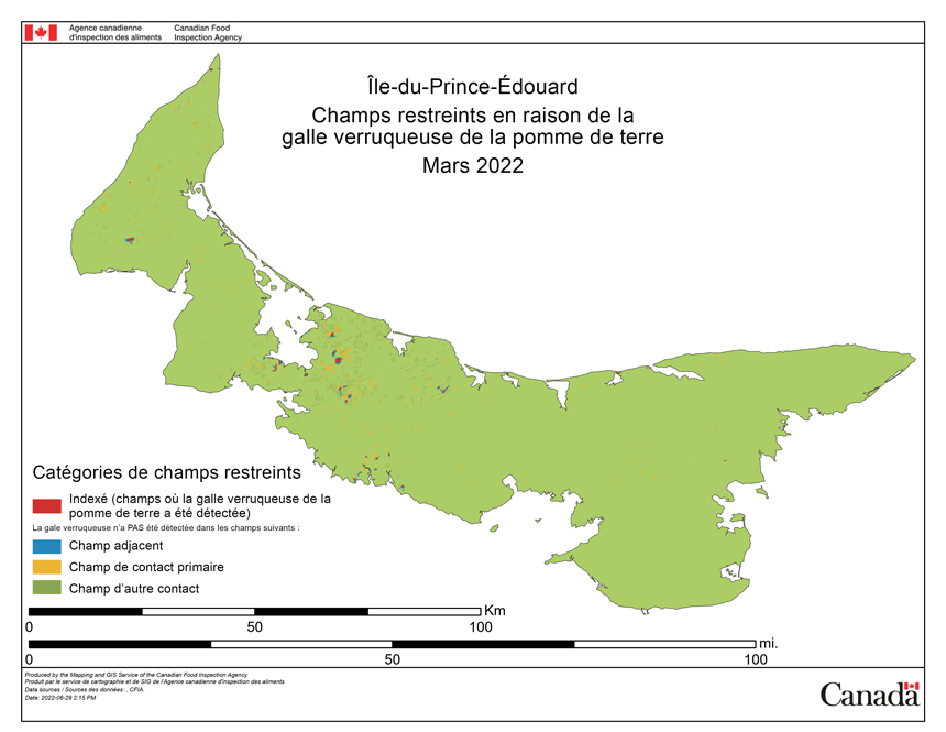 Photo - Figure 13 : Carte de l'Î.-P.-É indiquant les catégories de champs restreints, fournie par l'ACIA au Comité. Description ci-dessous.