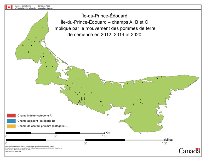 Photo - Figure 15 : Carte des champs réglementés en raison du transport de pommes de terre de semence, fournie par l'ACIA au Comité consultatif international. Description ci-dessous.