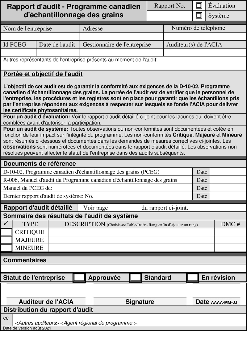 Formulaire - Le Rapport d'audit du PCEG. Description ci-dessous.