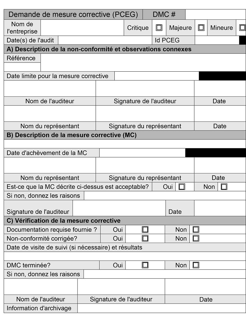 Formulaire - Demande de mesures correctives du PCEG. Description ci-dessous.