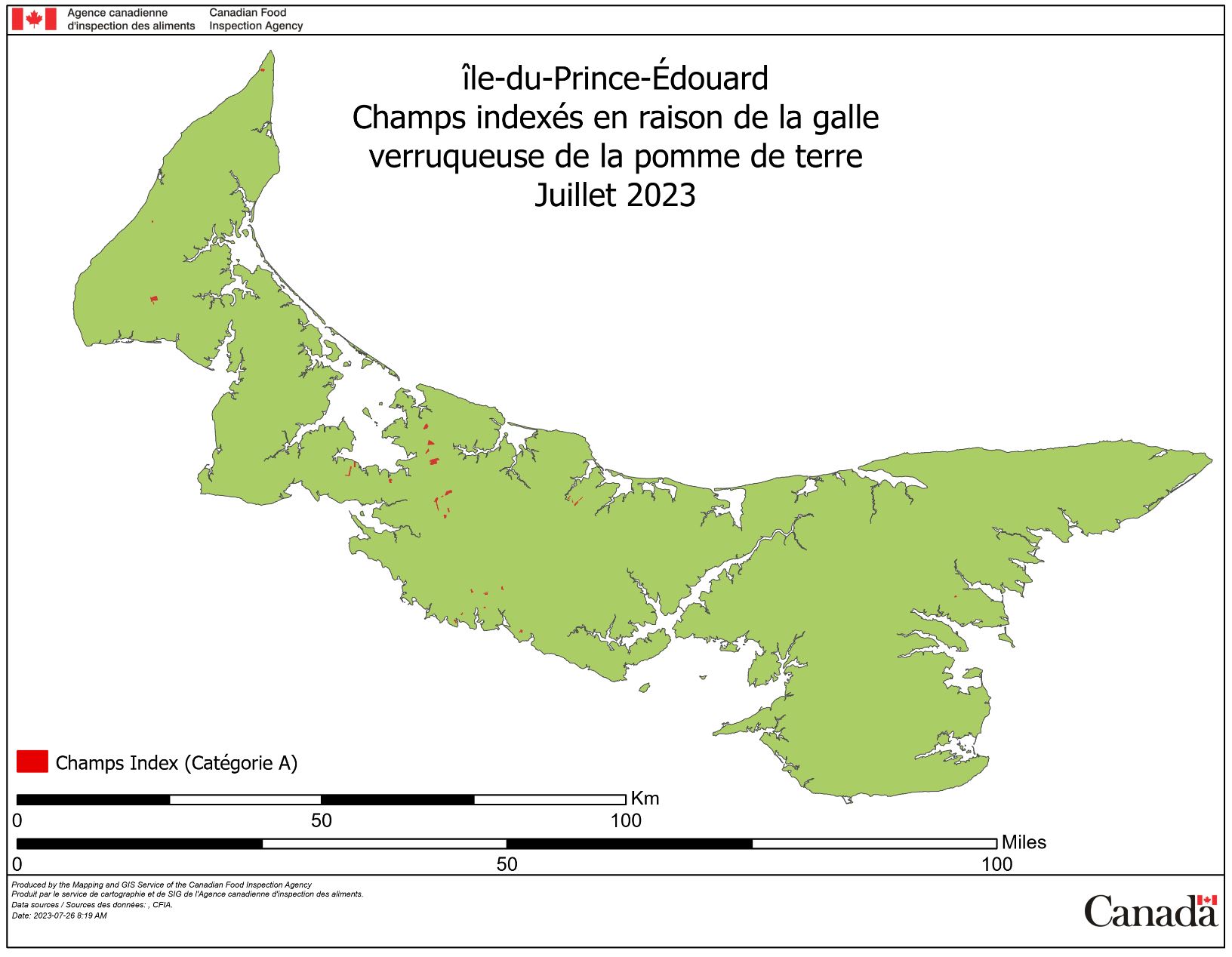 Photo - Champs indexés de l'Île-du-Prince-Édouard en raison de la galle verruqueuse de la pomme de terre – Juillet 2023. Description ci-dessous.