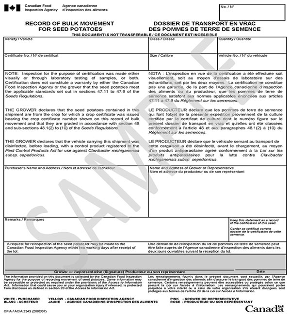 Form - Record of Bulk Movement for Seed Potatoes. Description follows.