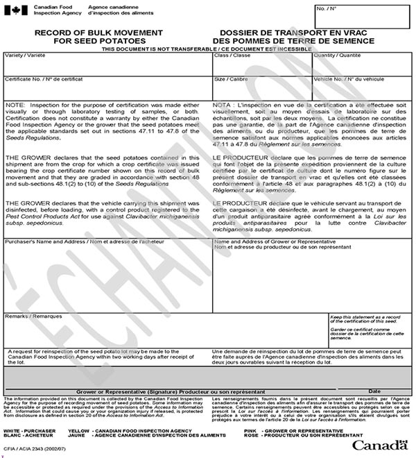 Formulaire - Dossier de transport en vrac des pommes de terre de semence. Description ci-dessous.