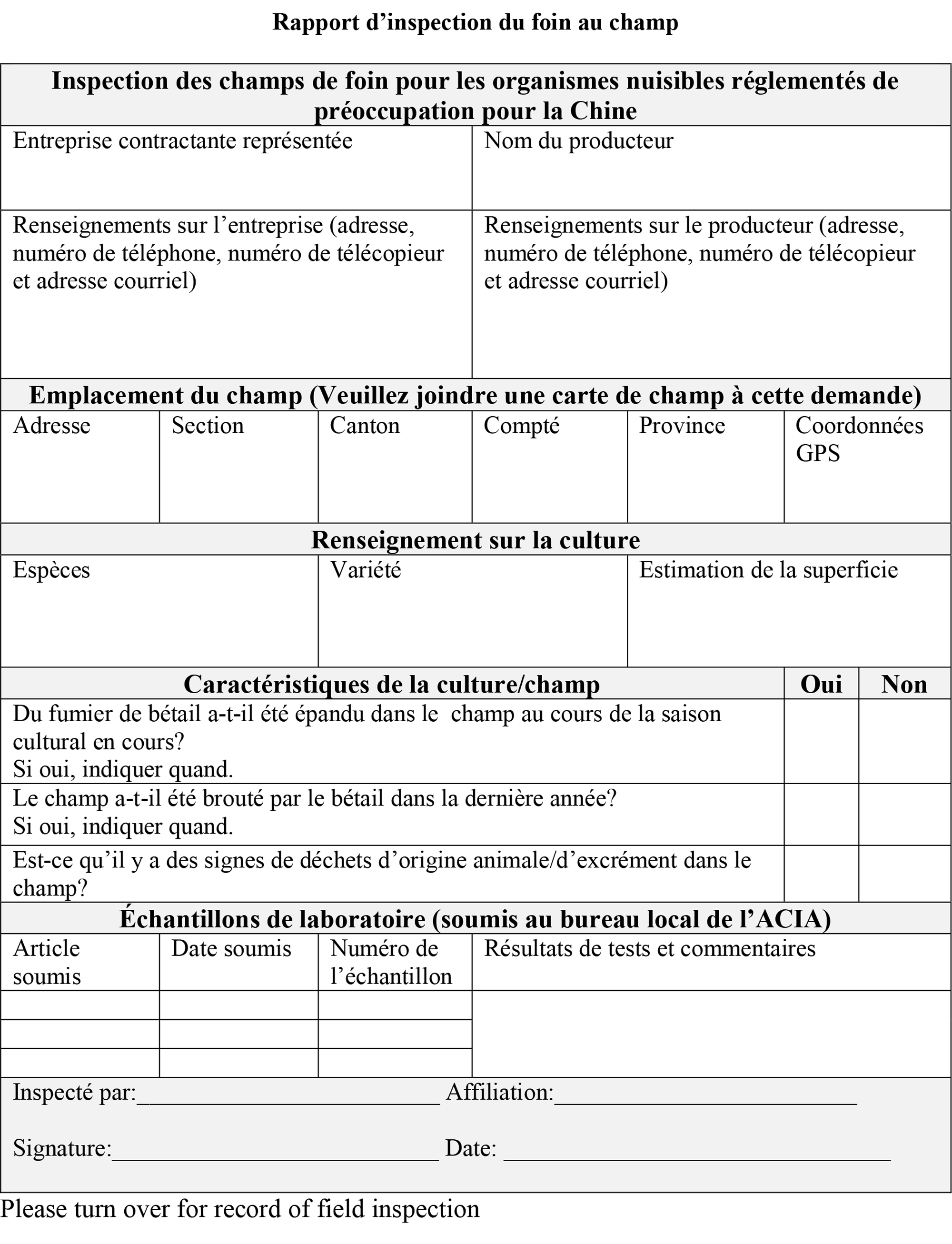 Rapport d'inspection du foin au champ (partie 1 de 3). Description ci-dessous.