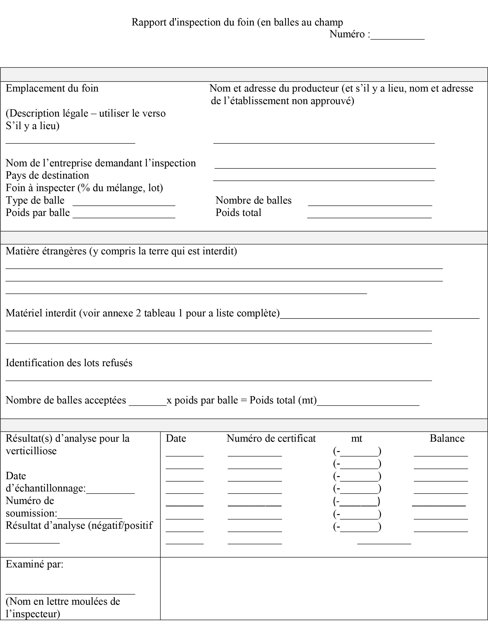 Rapport d'Inspection du Foin (en balles au champ). Description ci-dessous.