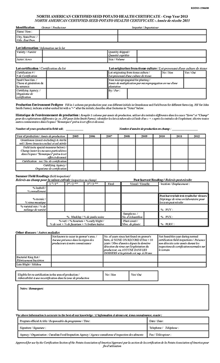 Example: North American Certified Seed Potato Health Certificate