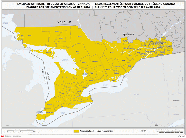 Régions qui seront règlementés pour l'agrile du frêne à compter d'avril 2014. Description ci-dessous.