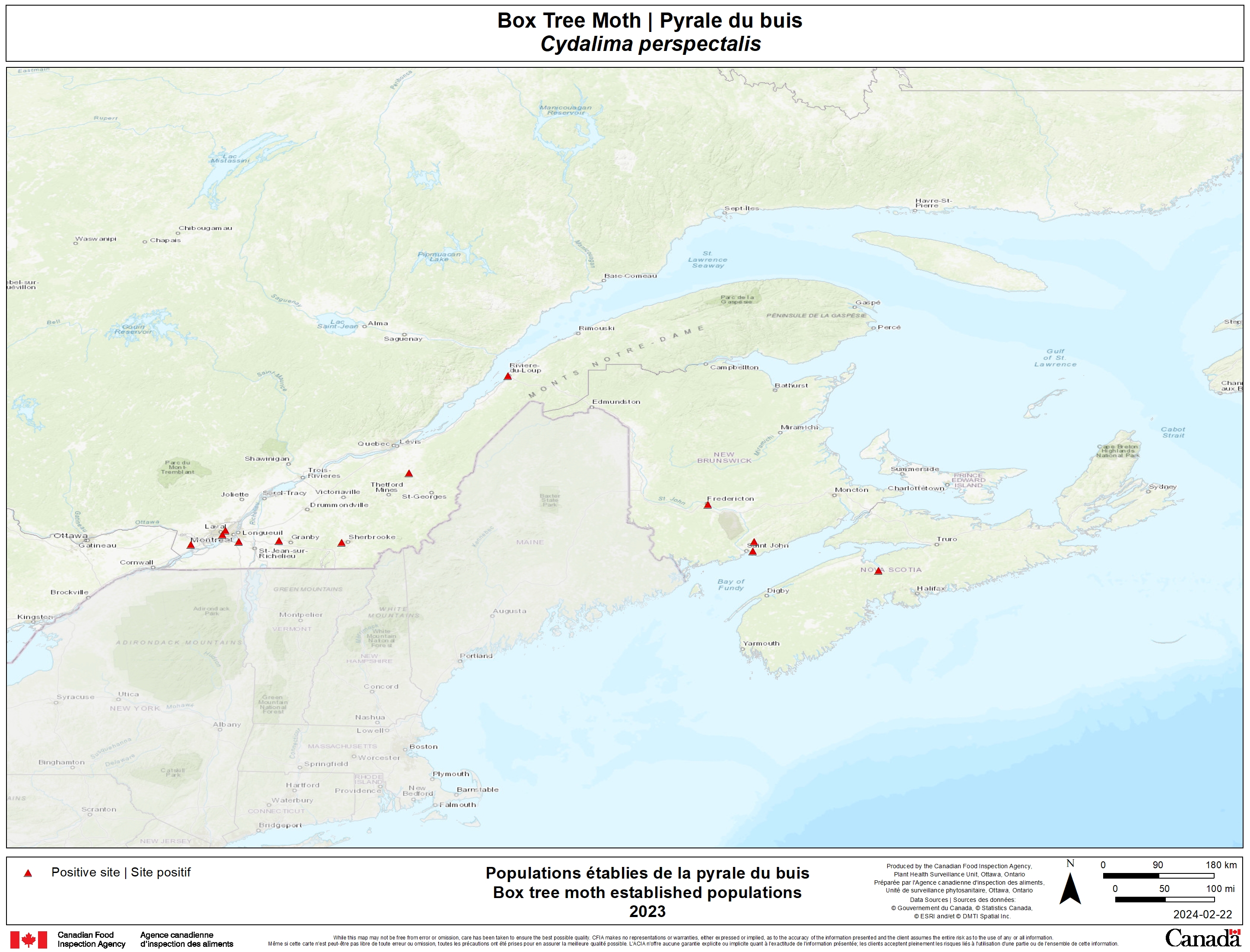 Figure 3. Populations établies de C. perspectalis au Québec, Nouveau-Brunswick, Nouvelle-Écosse, 2023. Description ci-dessous.