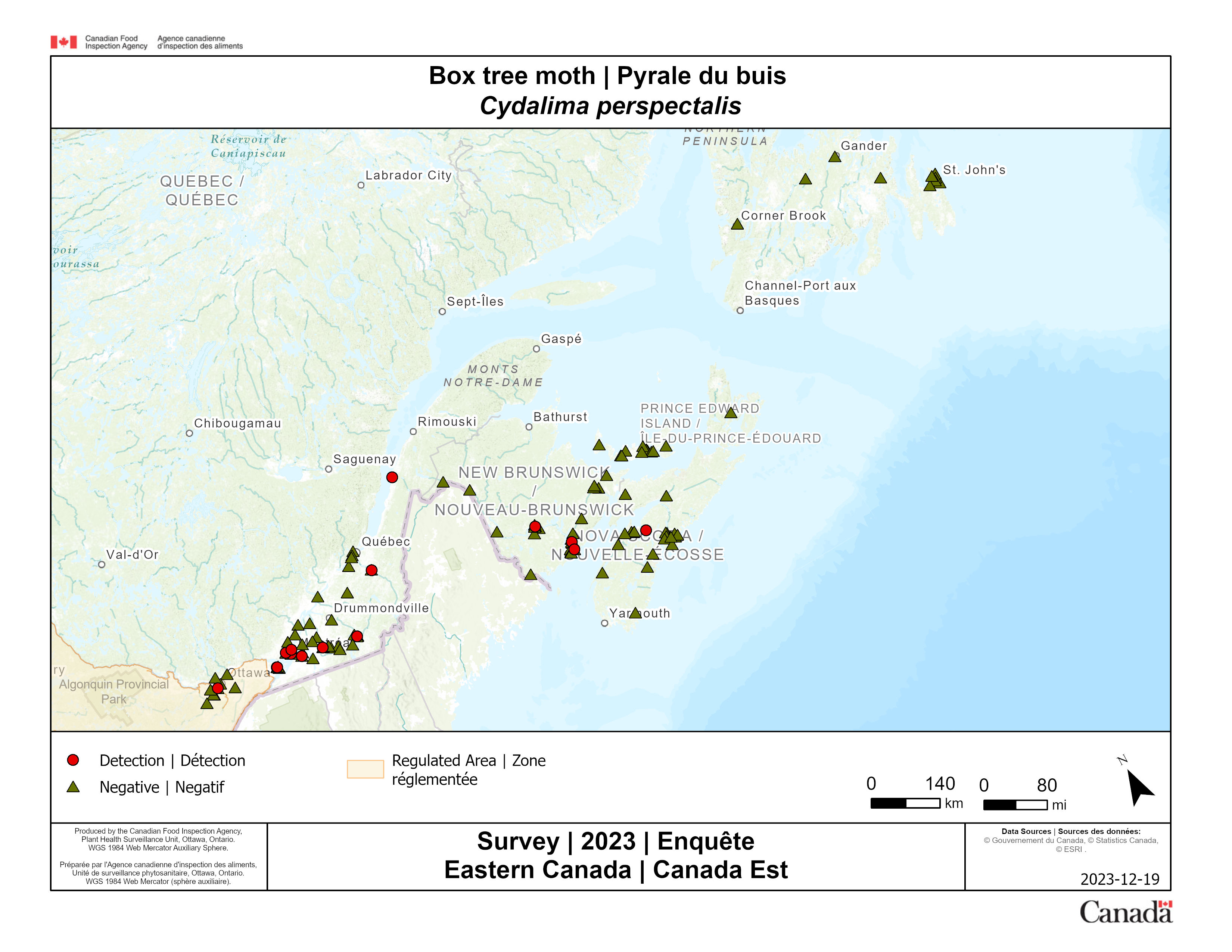 Figure 4. Résultats des enquêtes de C. perspectalis pour les provinces à l'est de l'Ontario, 2023. Description ci-dessous.