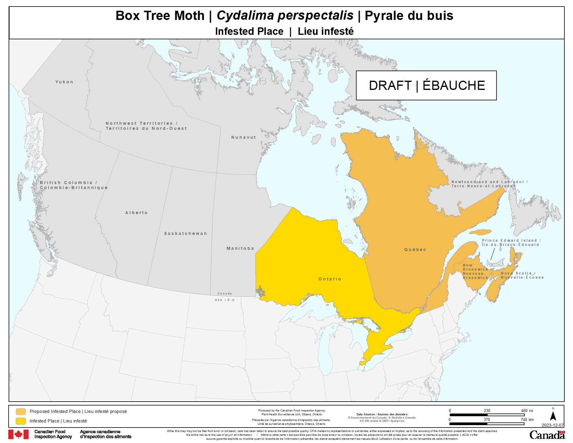 Figure 5 : Option 1 - Zone réglementée proposée à l'égard de C. perspectalis, dont la province du Québec, du Nouveau-Brunswick et de la Nouvelle-Écosse. Description ci-dessous.