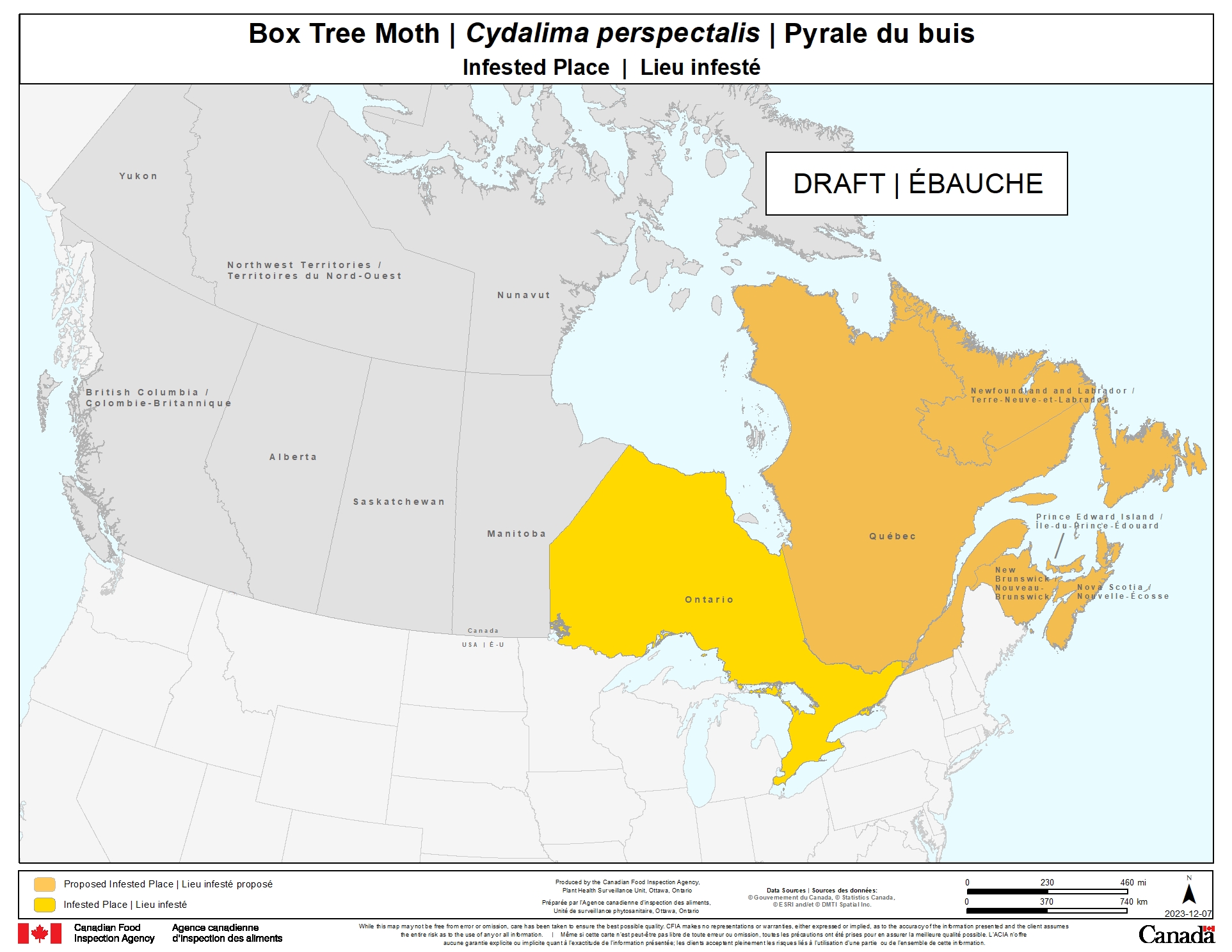 Figure 6 : Option 2 - Zone réglementée proposée à l'égard de C. perspectalis, comprend l'ensemble des provinces à l'est de l'Ontario : Québec, Nouveau-Brunswick, Nouvelle-Écosse, l'Île-du-Prince-Édouard et Terre-Neuve et Labrador. Description ci-dessous.