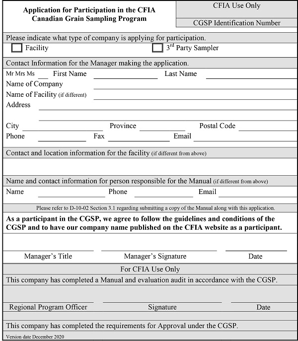 Appendix 1: Application for Participation in the Canadian Grain Sampling Program. Description follows.
