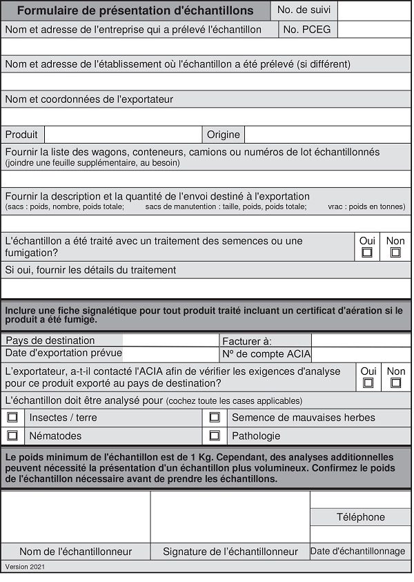 Annexe 7 : Exemple de formulaire de présentation d'échantillons. Description ci-dessous.