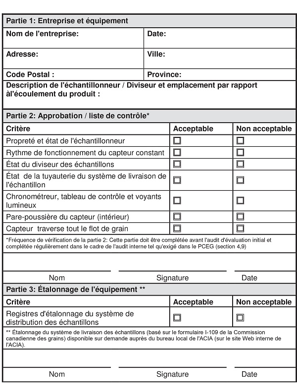 Annexe 9 : Liste de contrôle de l'échantillonneur automatique. Description ci-dessous.