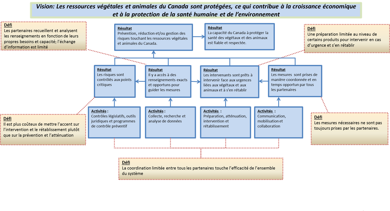Chaîne de résultats du Système de la santé des végétaux et des animaux, ainsi que ses défis actuels