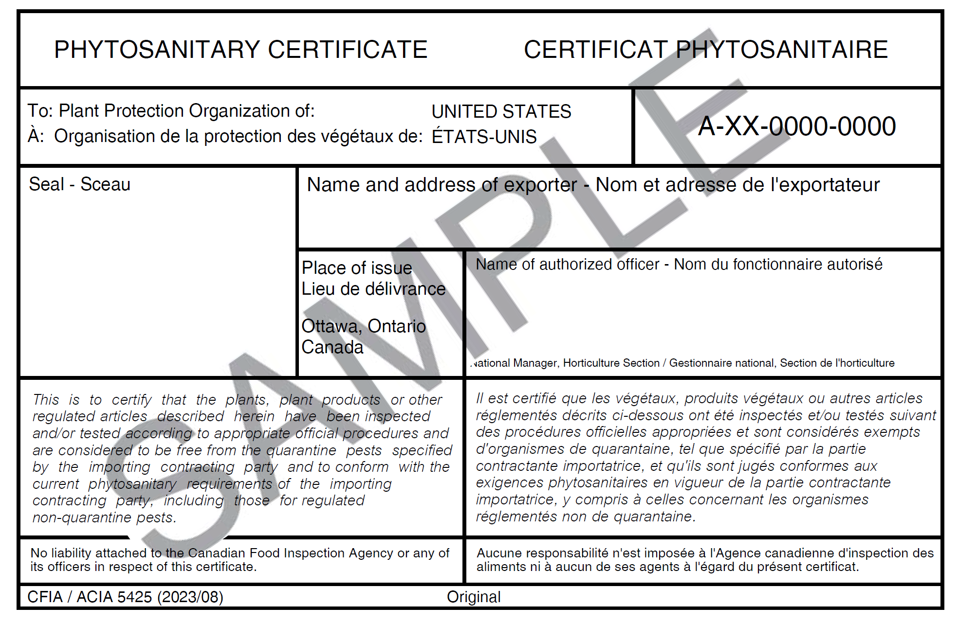 Sample of phytosanitary certification label