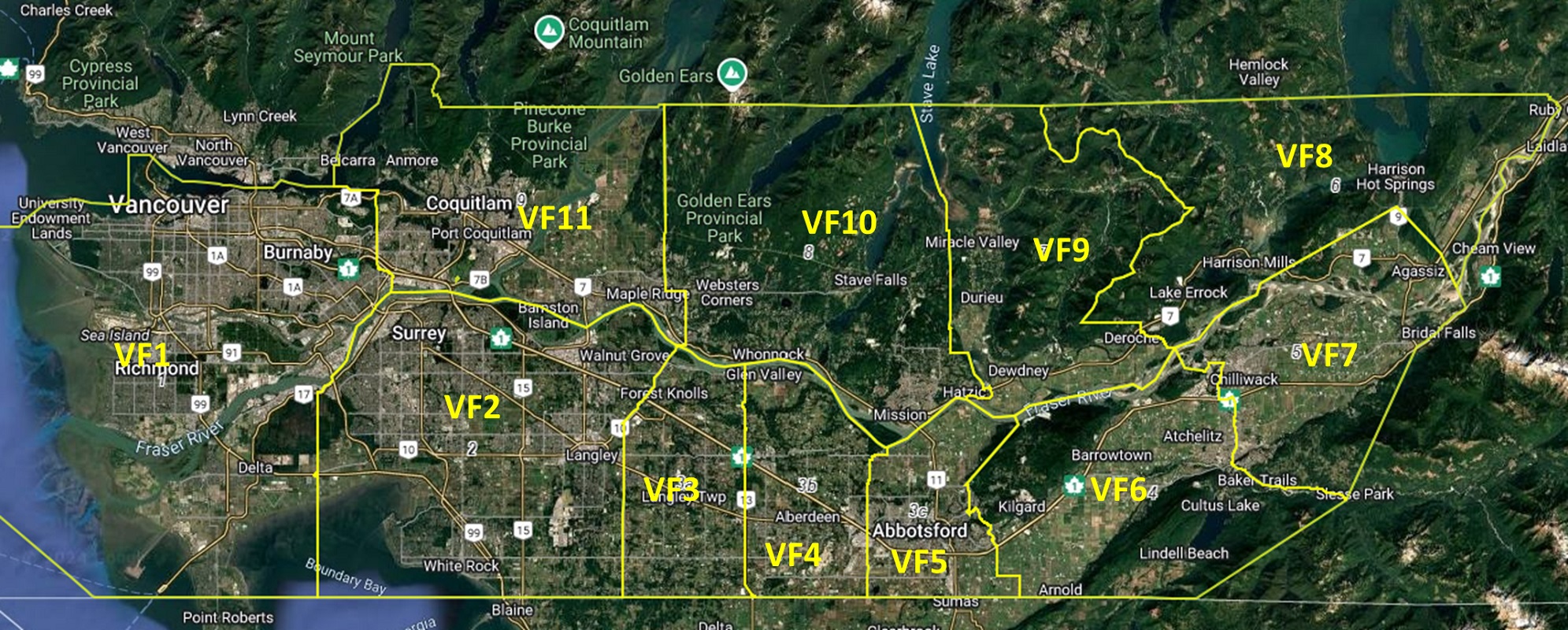 Carte de la région de la vallée du Fraser subdivisée en 11 zones.
