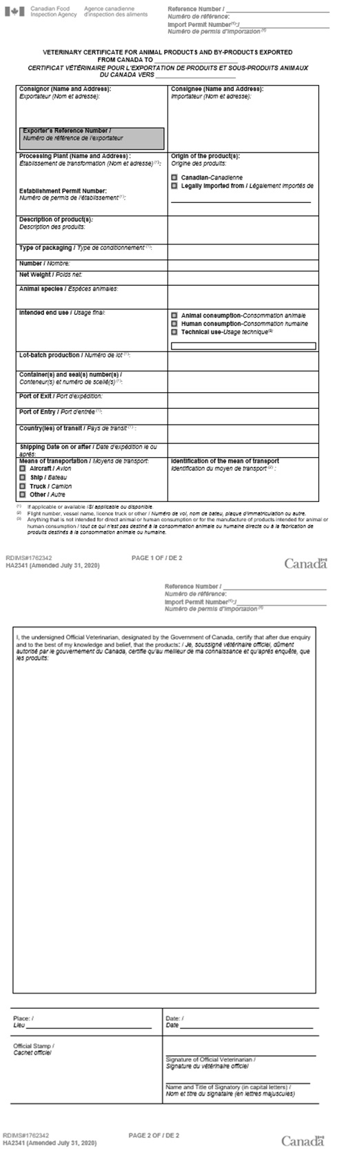 Description de l'image – Certificat vétérinaire pour l'exportation de produits et sous-produits animaux du Canada. Description ci-dessous.