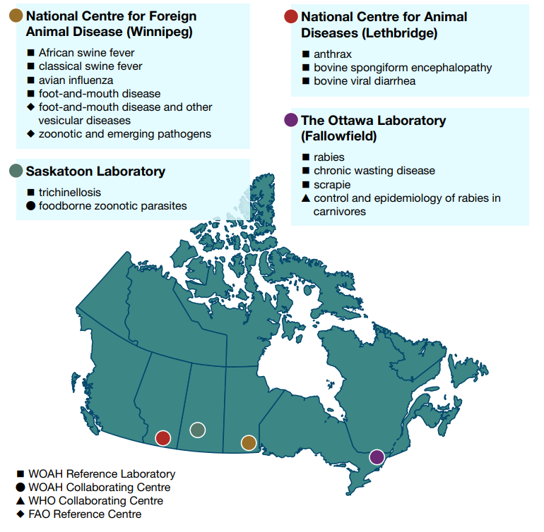 Map of CFIA reference laboratories. Description follows.
