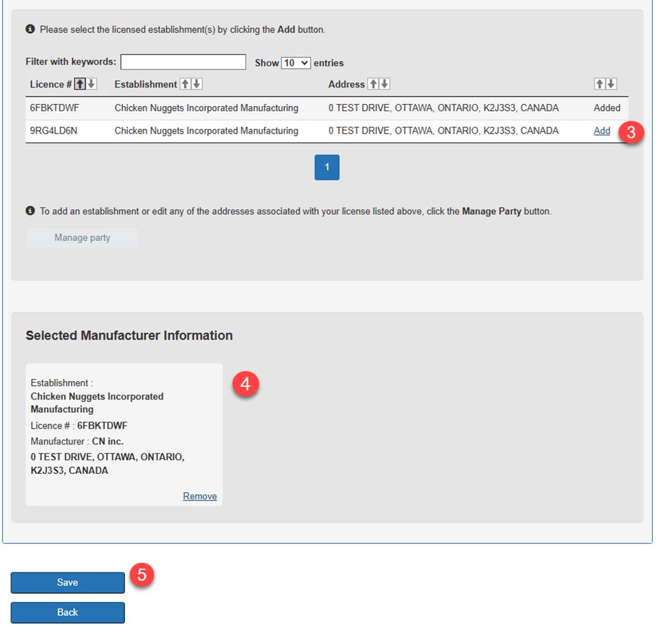 A profile selecting a manufacturer (part 2) in My CFIA. Text version below.