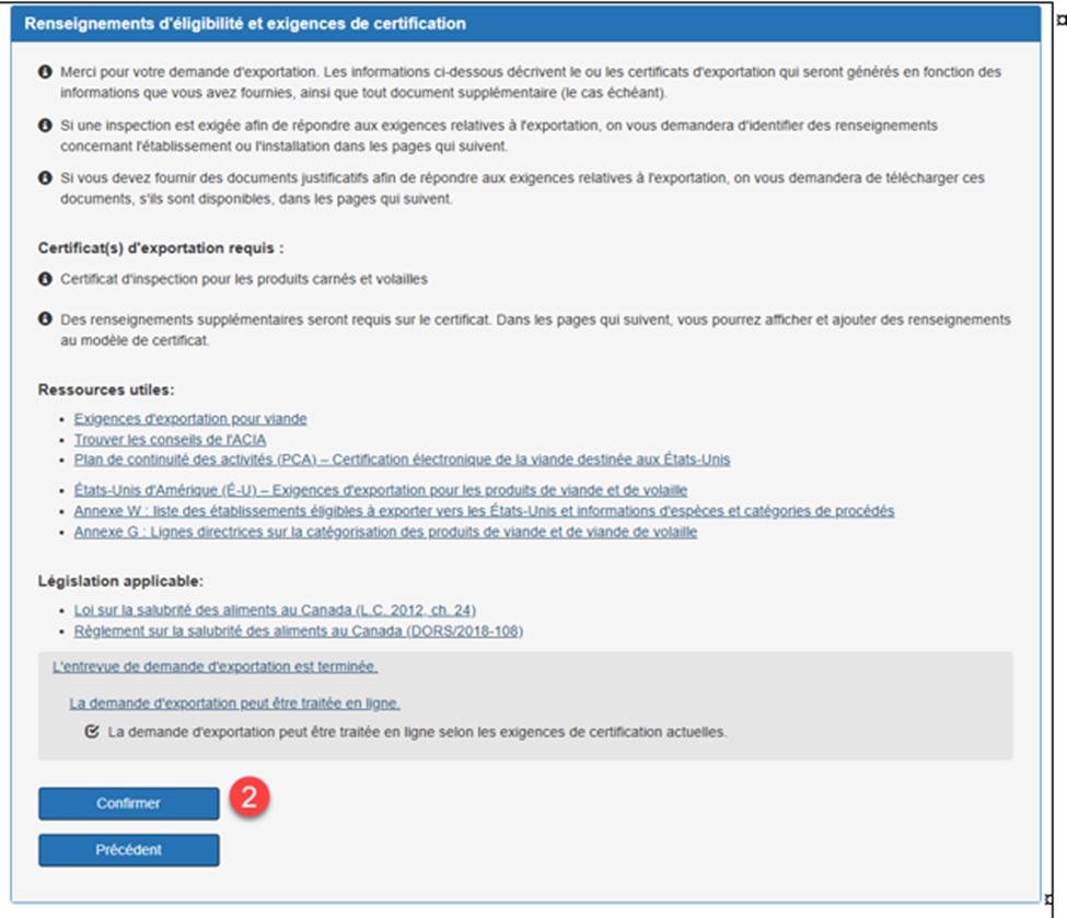 Un profil de vérification de l'admissibilité des envois à l'exportation (partie 2) dans Mon ACIA. Version texte ci-dessous