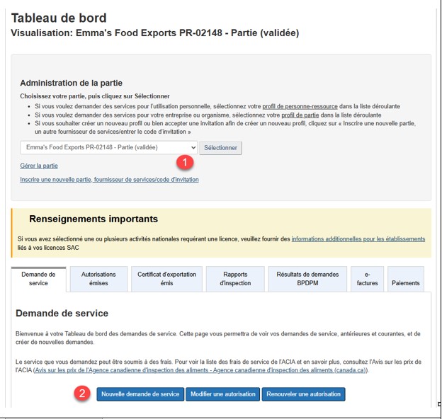 Tableau de bord Mon ACIA montrant les options pour l'administration des parties et la création de nouvelles demandes de service. Version texte ci-dessous.