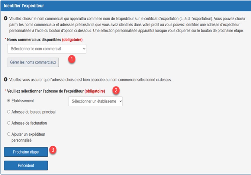 Un profil sélectionnant un nom d'exploitation et une adresse d'expéditeur dans Mon ACIA. Version texte ci-dessous.