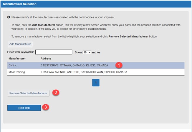 A profile removing a manufacturer in My CFIA. Text version below.