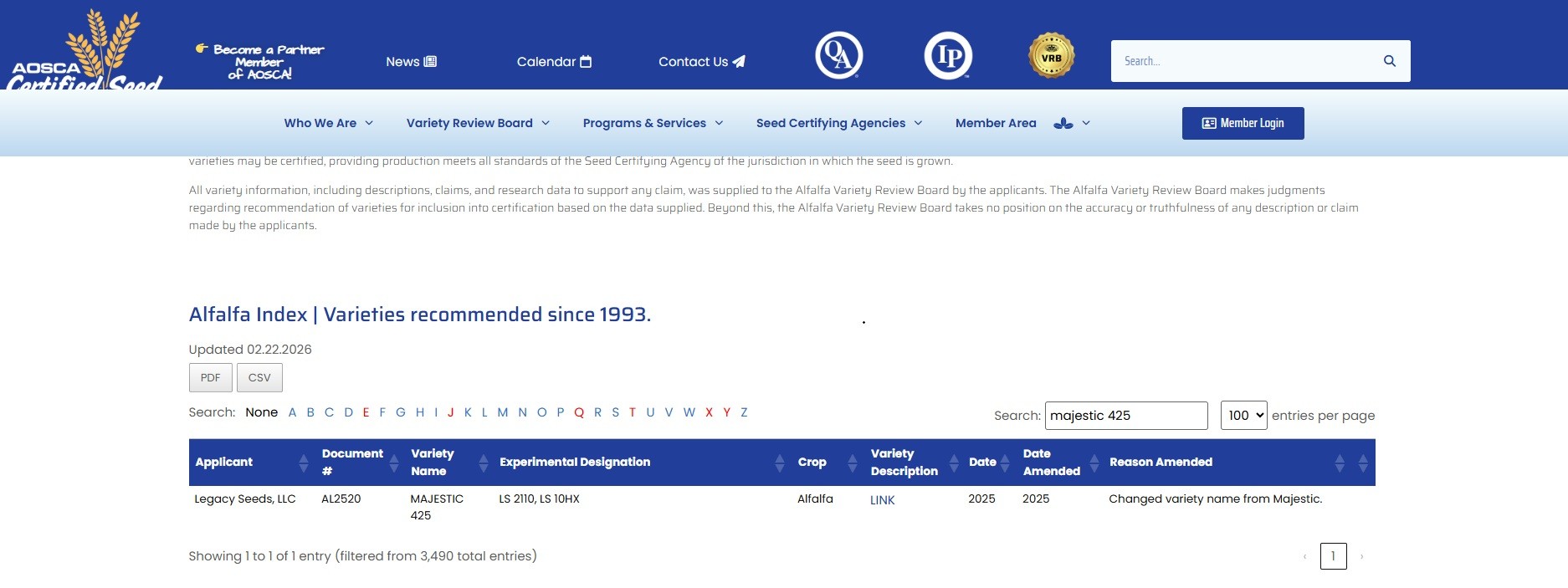 Exemple de l'Association des agences officielles de certification des semences