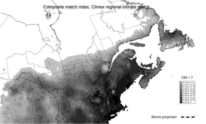 Map of the CLIMEX regional climate match. Description follows.