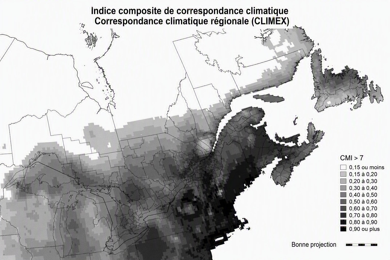 Map of the CLIMEX regional climate match. Description follows.